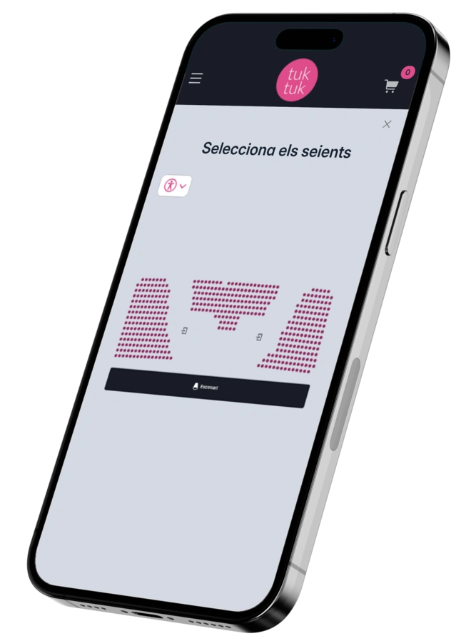 Mòbil amb el mapa de butaques interactiu d'un teatre a Tuk Tuk