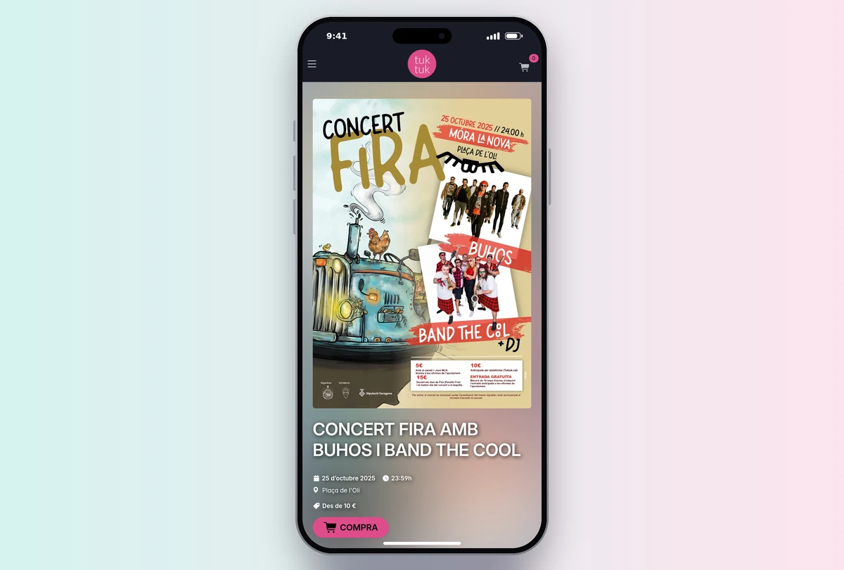 Pàgina de compra d'un concert a Tuk Tuk vista al mòbil, amb el cartell, la data, el lloc, el preu i el botó de compra